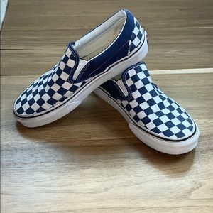 white and navy blue checkerboard slip on vans